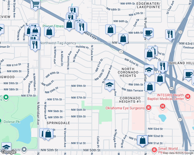 map of restaurants, bars, coffee shops, grocery stores, and more near 4061 Northwest 60th Street in Oklahoma City