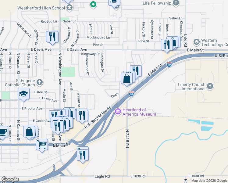 map of restaurants, bars, coffee shops, grocery stores, and more near 114 South Circle Drive in Weatherford