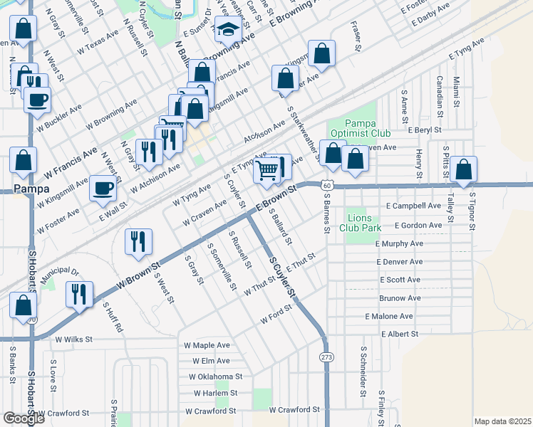 map of restaurants, bars, coffee shops, grocery stores, and more near 506 South Ballard Street in Pampa