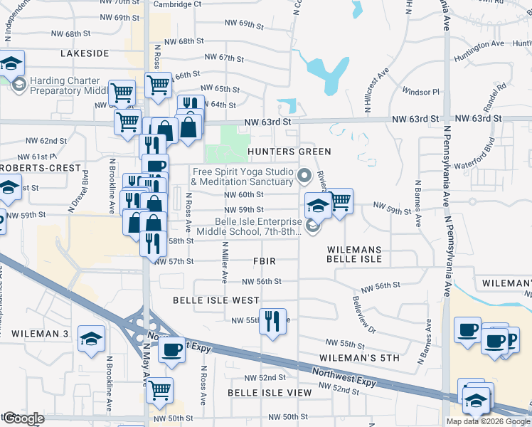 map of restaurants, bars, coffee shops, grocery stores, and more near 2528 Northwest 59th Street in Oklahoma City