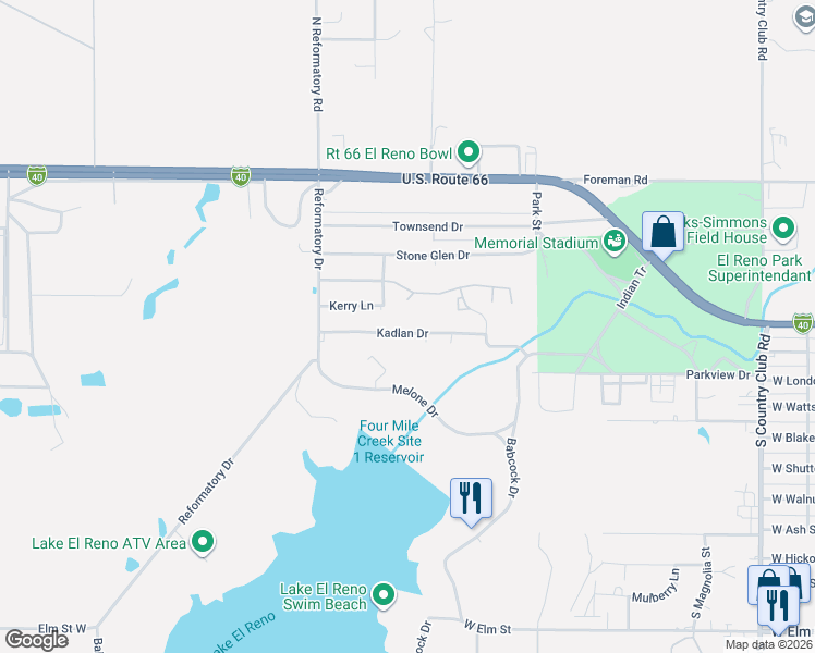 map of restaurants, bars, coffee shops, grocery stores, and more near 2551 Kadlan Drive in El Reno