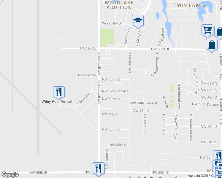 map of restaurants, bars, coffee shops, grocery stores, and more near 7001 Northwest 59th Terrace in Bethany