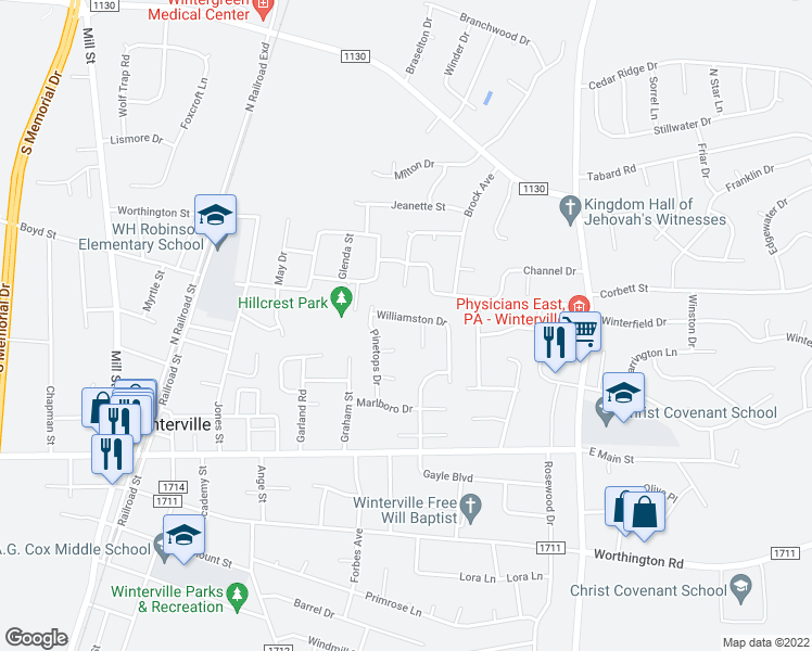 map of restaurants, bars, coffee shops, grocery stores, and more near 432 Williamston Drive in Winterville