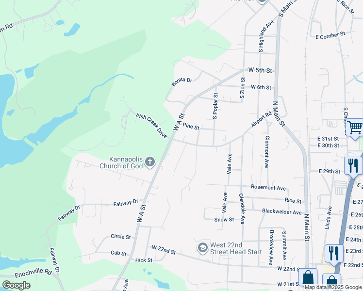 map of restaurants, bars, coffee shops, grocery stores, and more near 1010 Woodfield Drive in Kannapolis