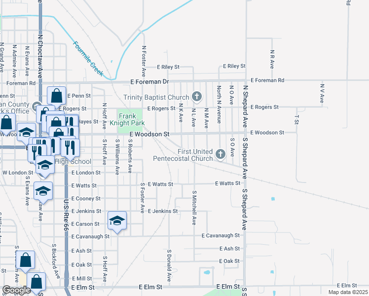 map of restaurants, bars, coffee shops, grocery stores, and more near 1101A Industrial Boulevard in El Reno