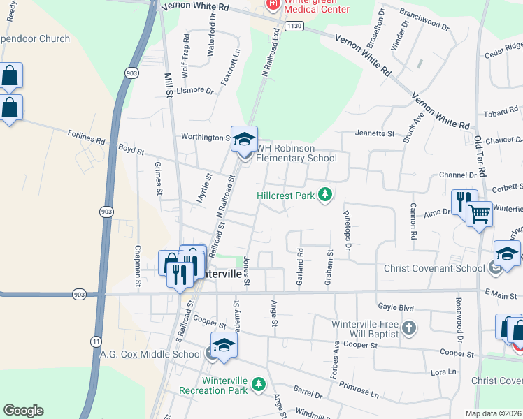 map of restaurants, bars, coffee shops, grocery stores, and more near 2501 Jones Street in Winterville