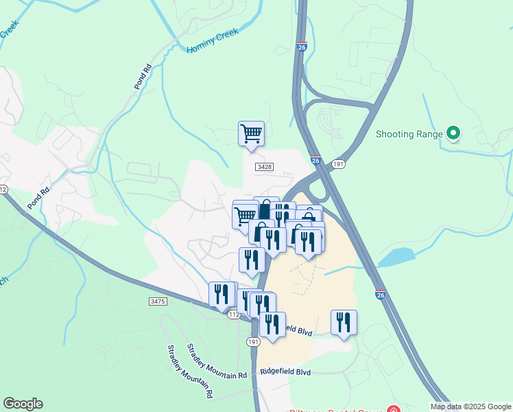 map of restaurants, bars, coffee shops, grocery stores, and more near 20 Wedgefield Drive in Asheville