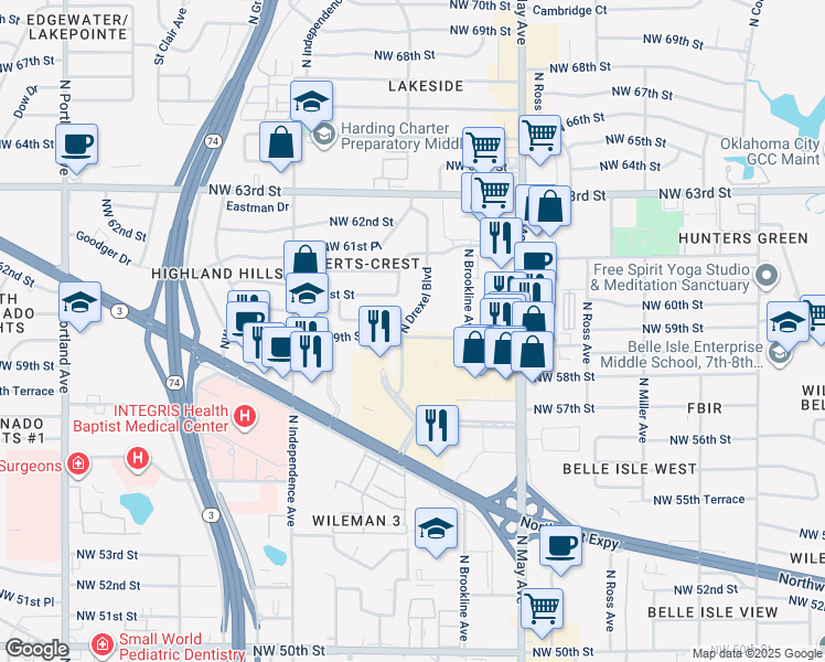 map of restaurants, bars, coffee shops, grocery stores, and more near in Oklahoma City