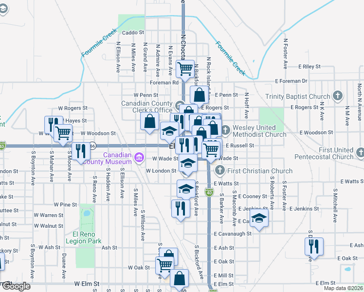 map of restaurants, bars, coffee shops, grocery stores, and more near in El Reno