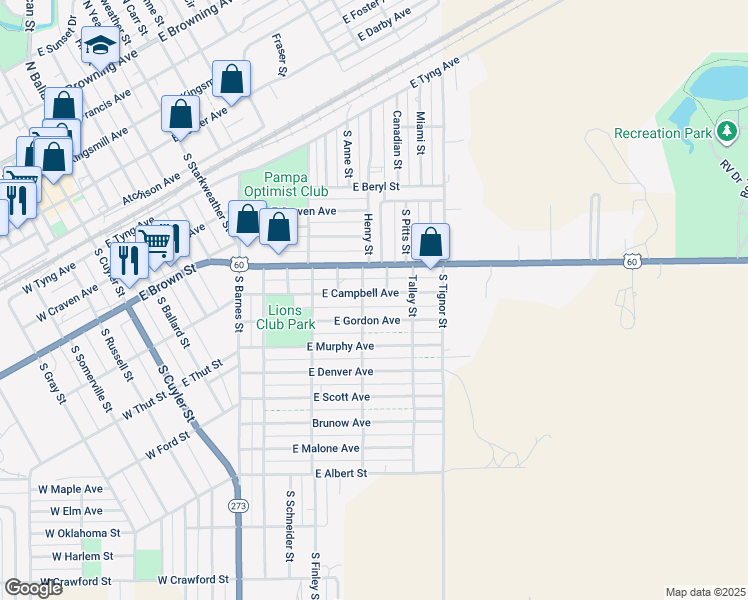 map of restaurants, bars, coffee shops, grocery stores, and more near 543-599 Henry Street in Pampa