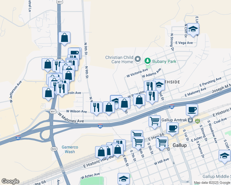 map of restaurants, bars, coffee shops, grocery stores, and more near 698 West Lincoln Avenue in Gallup