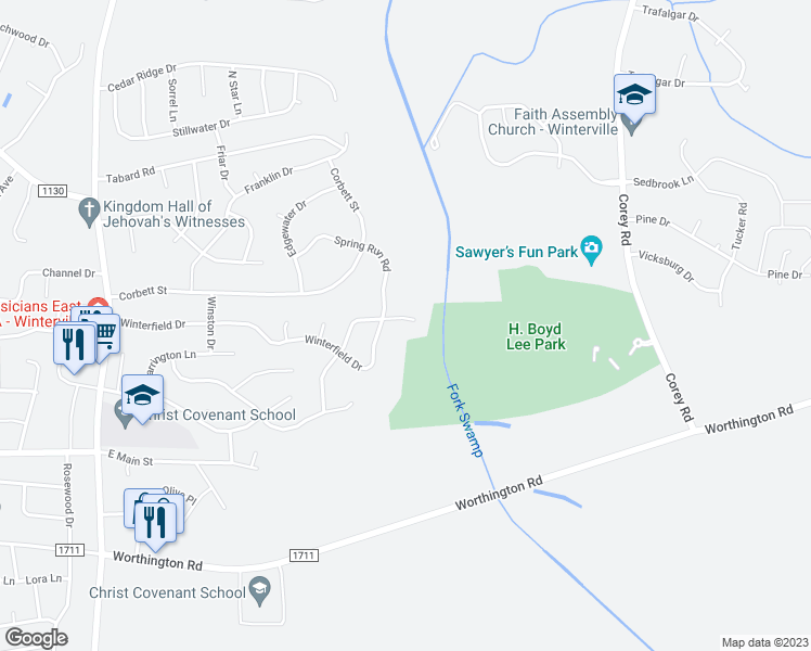 map of restaurants, bars, coffee shops, grocery stores, and more near 894 Ray Crawford Drive in Winterville