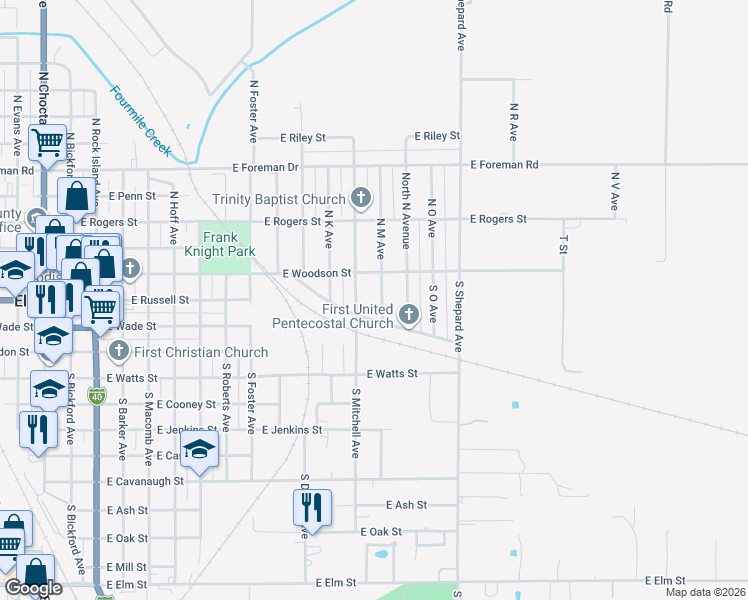 map of restaurants, bars, coffee shops, grocery stores, and more near 1201 Industrial Boulevard in El Reno