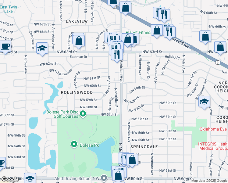 map of restaurants, bars, coffee shops, grocery stores, and more near 5933 Harvard Drive in Oklahoma City