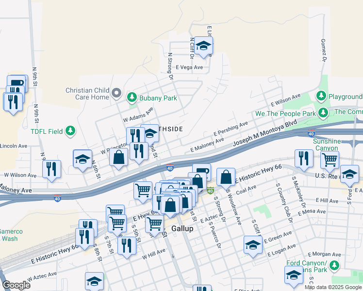 map of restaurants, bars, coffee shops, grocery stores, and more near 204 East Pershing Avenue in Gallup