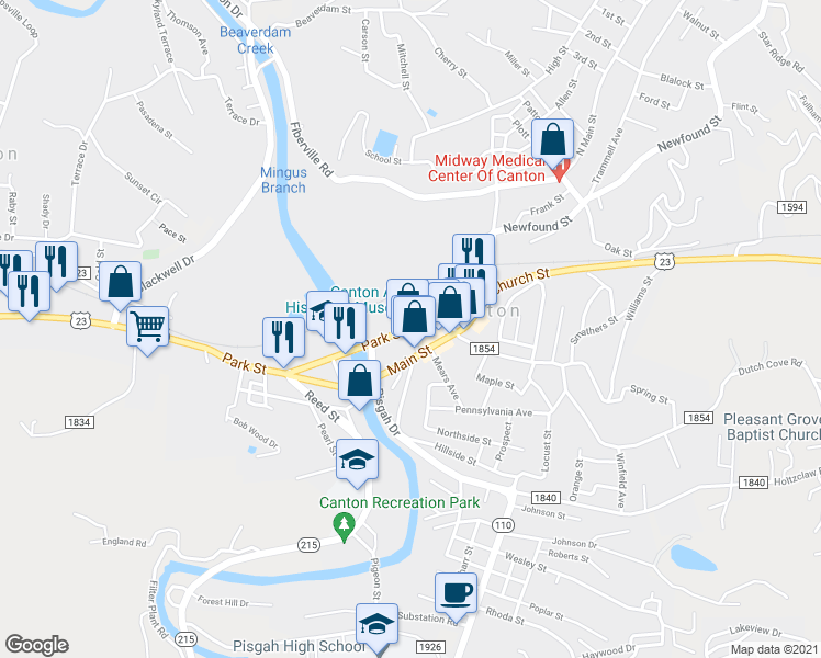 map of restaurants, bars, coffee shops, grocery stores, and more near Adams Street in Canton