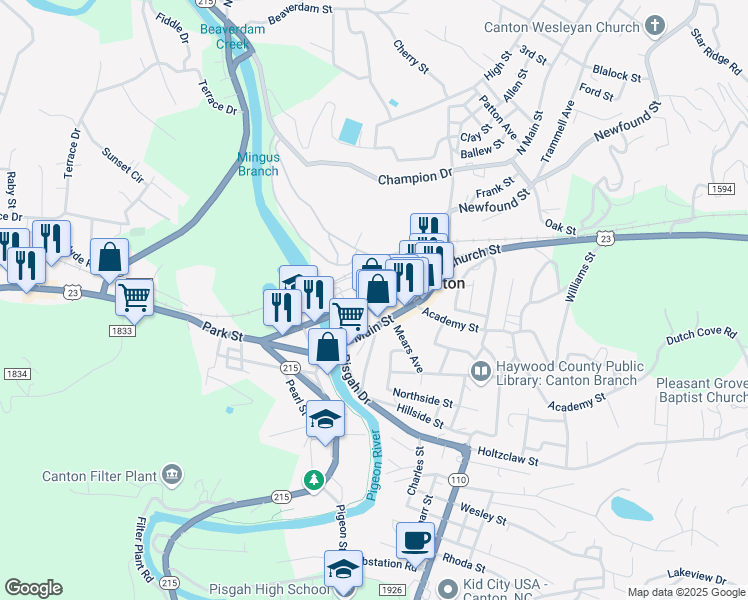 map of restaurants, bars, coffee shops, grocery stores, and more near Adams Street in Canton