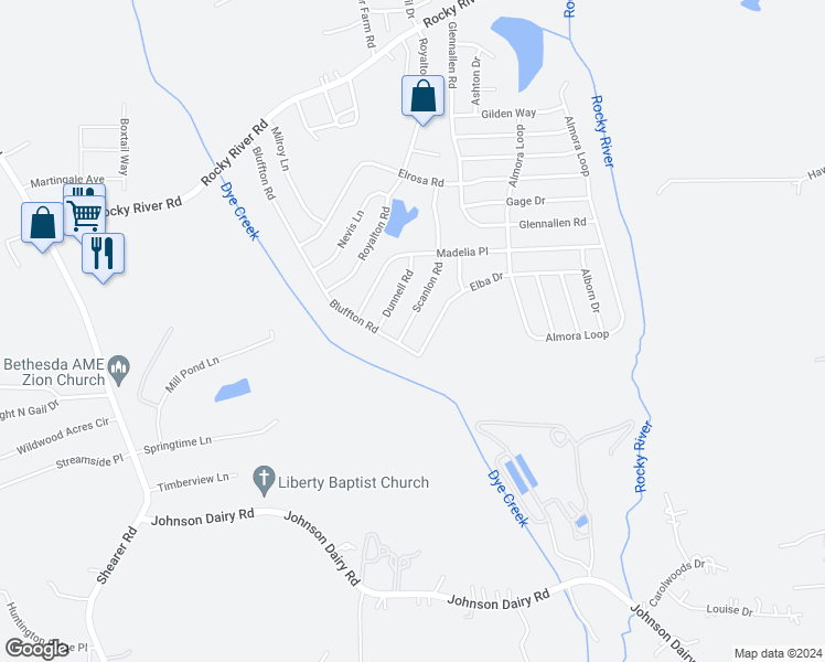 map of restaurants, bars, coffee shops, grocery stores, and more near 199 Scanlon Road in Mooresville