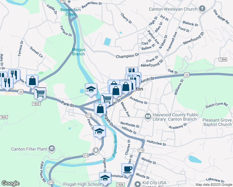 map of restaurants, bars, coffee shops, grocery stores, and more near 55 Park Street in Canton