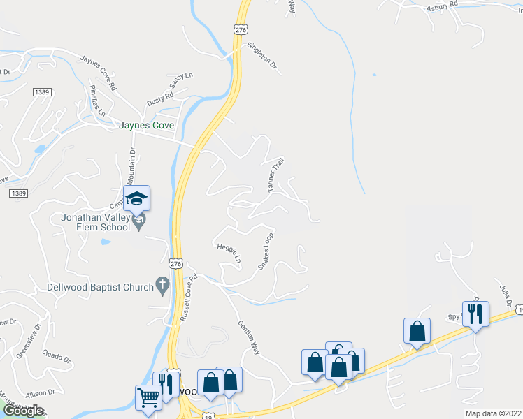 map of restaurants, bars, coffee shops, grocery stores, and more near 45 Rons Ridge in Waynesville