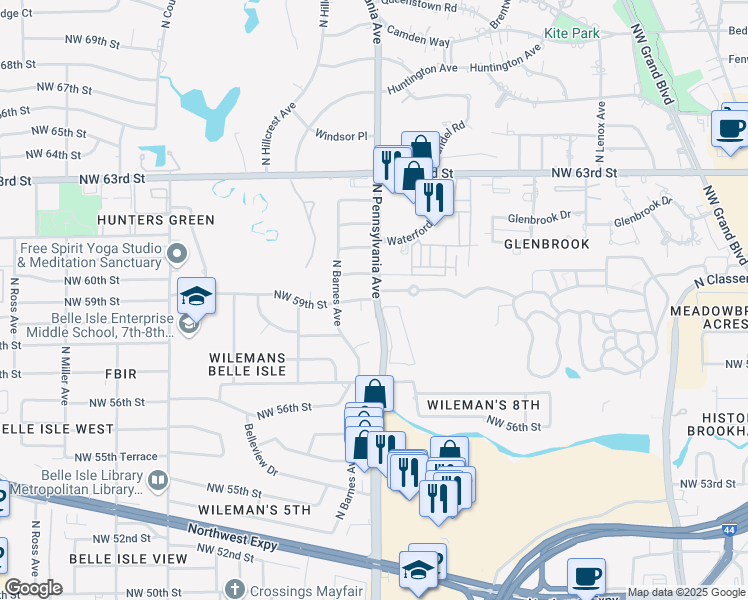 map of restaurants, bars, coffee shops, grocery stores, and more near 2104 Northwest 59th Circle in Oklahoma City