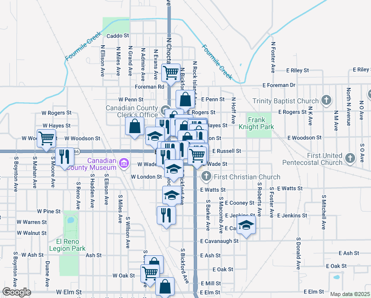 map of restaurants, bars, coffee shops, grocery stores, and more near 200 S Rock Island Ave in El Reno