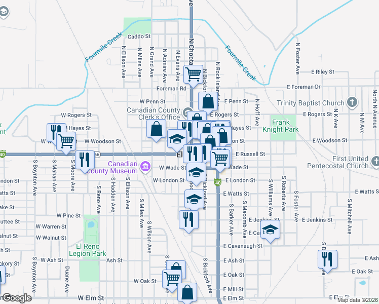 map of restaurants, bars, coffee shops, grocery stores, and more near in El Reno