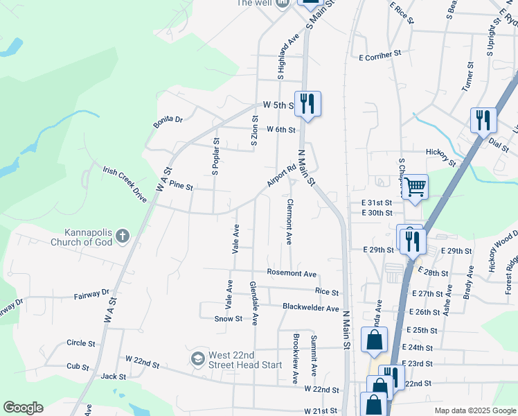 map of restaurants, bars, coffee shops, grocery stores, and more near 2920 Glendale Avenue in Kannapolis