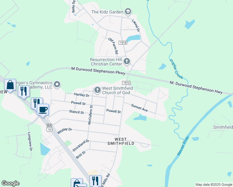 map of restaurants, bars, coffee shops, grocery stores, and more near 106 Daughtry Street in Smithfield
