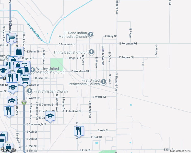 map of restaurants, bars, coffee shops, grocery stores, and more near 1201 Industrial Boulevard in El Reno