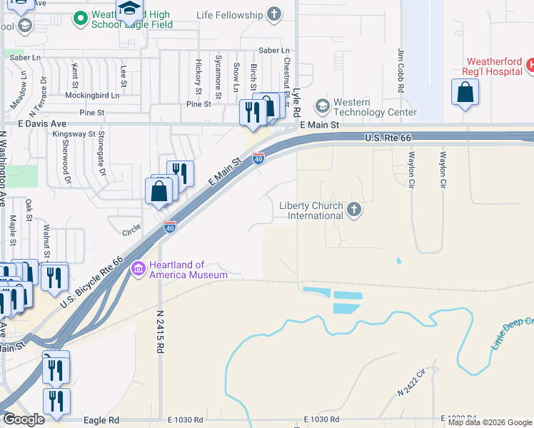 map of restaurants, bars, coffee shops, grocery stores, and more near 705 Highland Drive in Weatherford