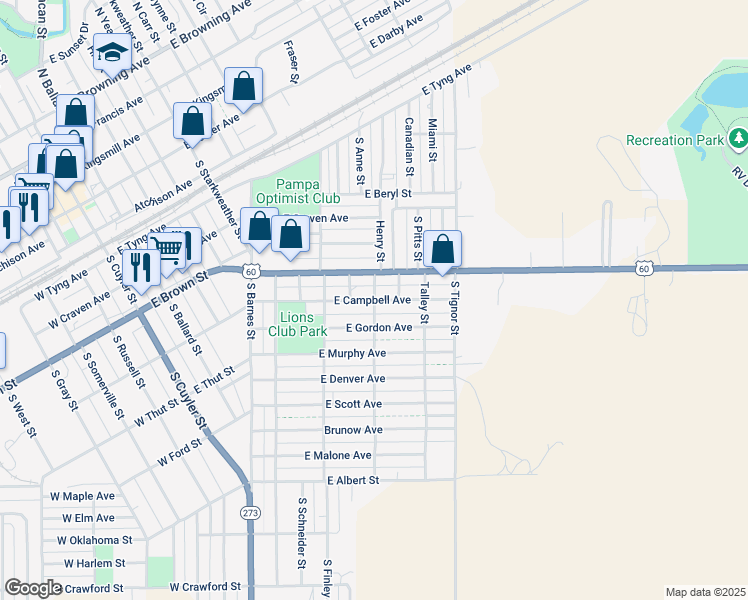 map of restaurants, bars, coffee shops, grocery stores, and more near 543 Henry Street in Pampa