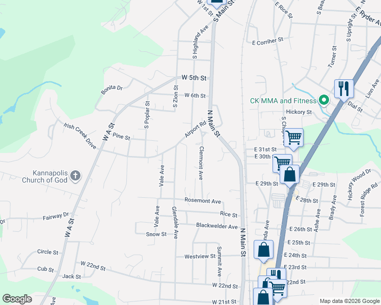 map of restaurants, bars, coffee shops, grocery stores, and more near 2916 Springdale Avenue in Kannapolis
