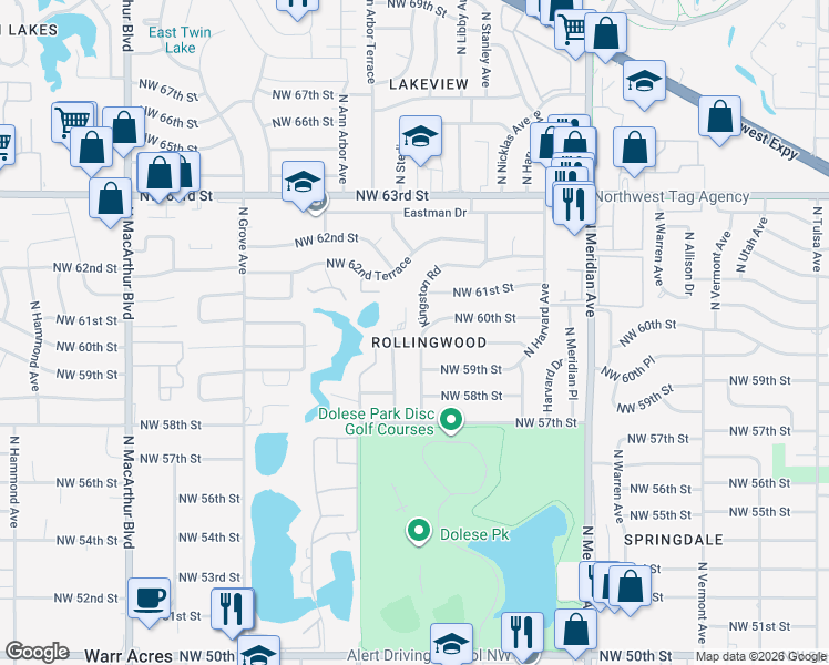 map of restaurants, bars, coffee shops, grocery stores, and more near 5929 Kingston Road in Oklahoma City