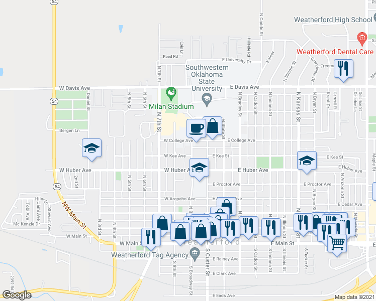 map of restaurants, bars, coffee shops, grocery stores, and more near 624 North Broadway Street in Weatherford