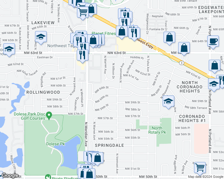 map of restaurants, bars, coffee shops, grocery stores, and more near 4308 Northwest 60th Street in Oklahoma City