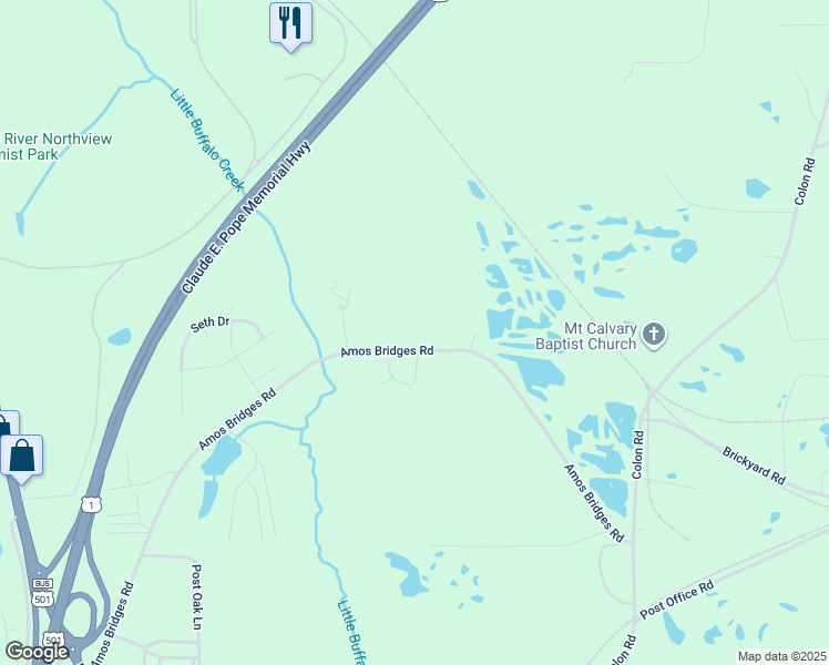 map of restaurants, bars, coffee shops, grocery stores, and more near 523 Amos Bridges Road in Sanford