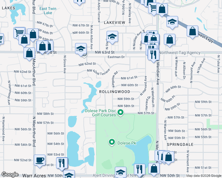 map of restaurants, bars, coffee shops, grocery stores, and more near 5929 Kingston Road in Oklahoma City