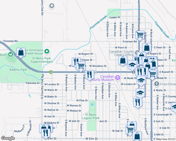 map of restaurants, bars, coffee shops, grocery stores, and more near 1008 Sunset Drive in El Reno