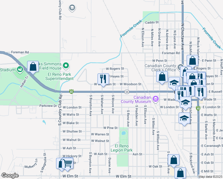 map of restaurants, bars, coffee shops, grocery stores, and more near 1101 Sunset Drive in El Reno