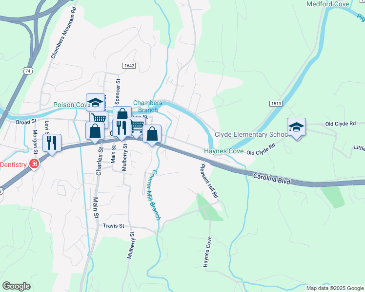 map of restaurants, bars, coffee shops, grocery stores, and more near 8009 Carolina Boulevard in Clyde