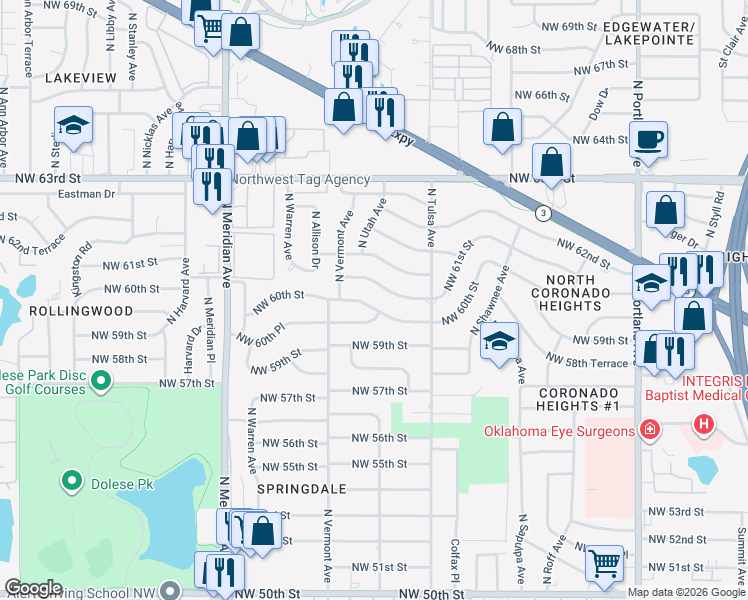 map of restaurants, bars, coffee shops, grocery stores, and more near 4132 Northwest 60th Street in Oklahoma City