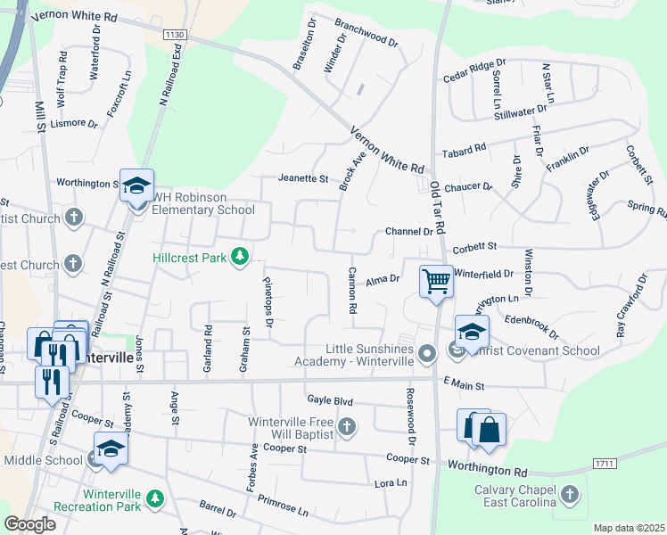 map of restaurants, bars, coffee shops, grocery stores, and more near 473 Williamston Drive in Winterville