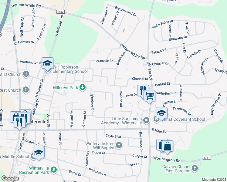 map of restaurants, bars, coffee shops, grocery stores, and more near 473 Williamston Drive in Winterville