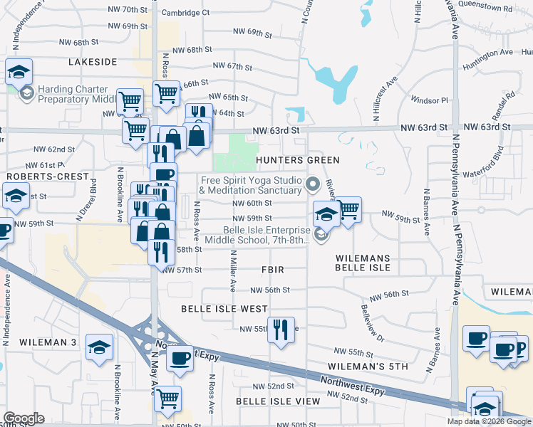 map of restaurants, bars, coffee shops, grocery stores, and more near 2528 Northwest 59th Street in Oklahoma City