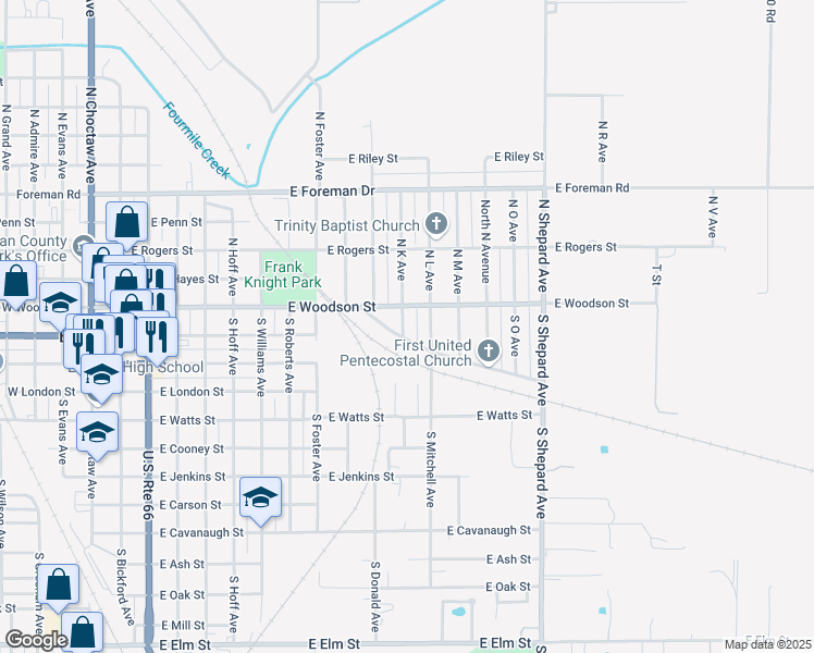 map of restaurants, bars, coffee shops, grocery stores, and more near 119 South K Avenue in El Reno
