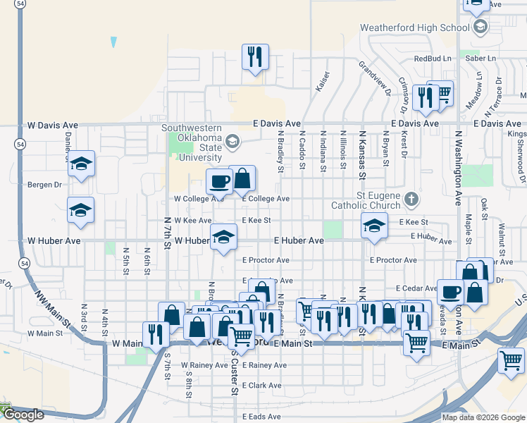 map of restaurants, bars, coffee shops, grocery stores, and more near 624 North State Street in Weatherford