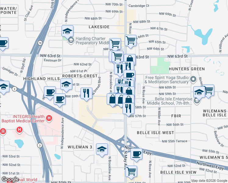map of restaurants, bars, coffee shops, grocery stores, and more near 3010 Northwest 59th Street in Oklahoma City