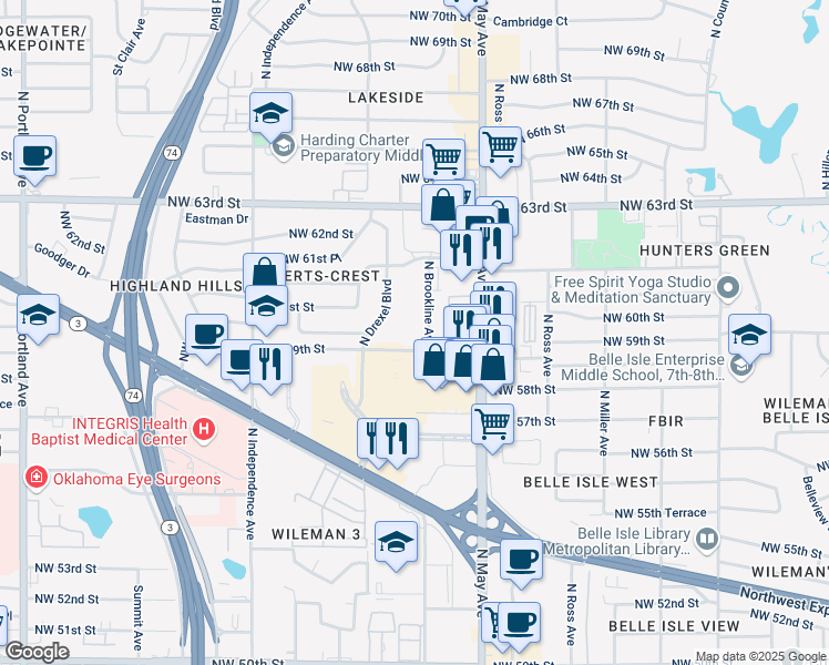 map of restaurants, bars, coffee shops, grocery stores, and more near 3040 Northwest 59th Street in Oklahoma City
