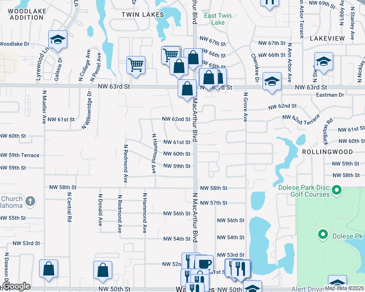 map of restaurants, bars, coffee shops, grocery stores, and more near 5916 Northwest 60th Street in Warr Acres